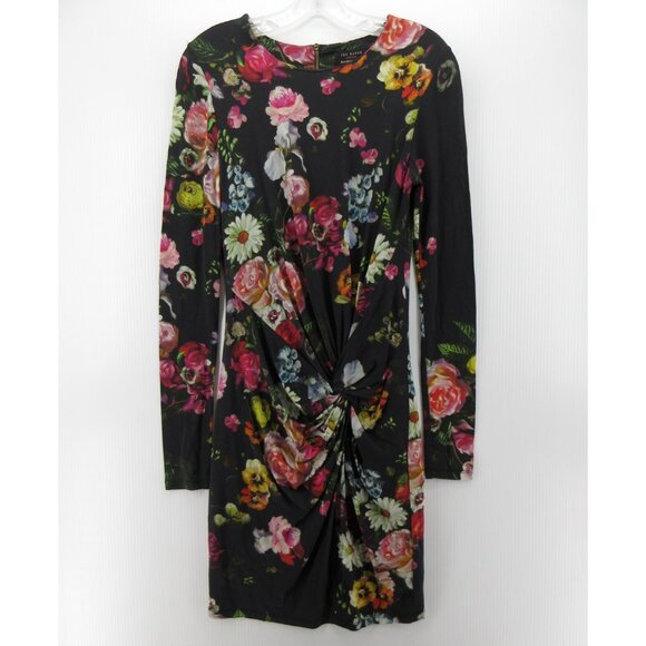 Ted Baker Dress 1 Bodycon Floral Draped Twist Colorful Zip Up US 4 - Picture 1 of 11